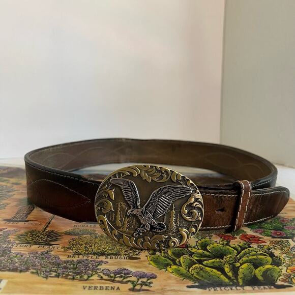 Vintage Distressed Stitched Brown Genuine Leather Eagle Buckle Belt - L - Picture 9 of 12